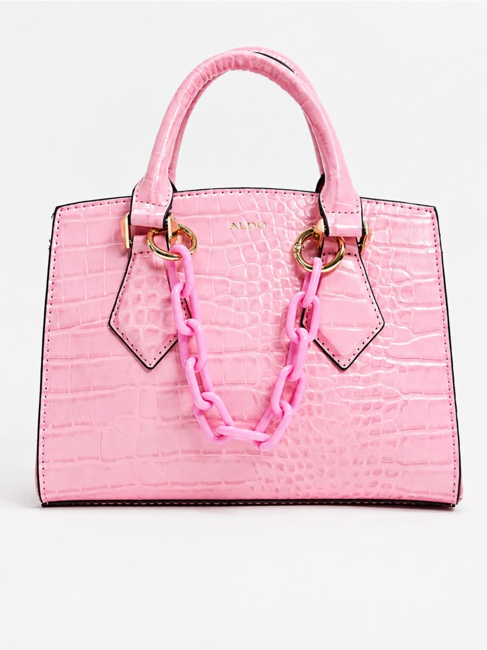 ALDO Pink Croc-Embossed Top-Handle Satchel with Pink Chain Accent